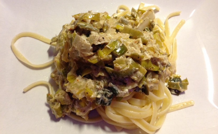 Linguine mit Lauch, Mango und Ziegenkäse Feta
