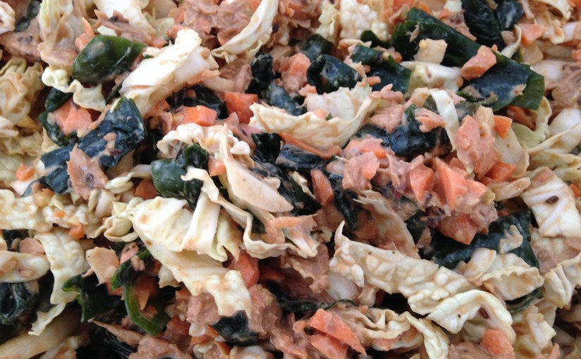Chinakohl, Thunfisch, Karotten, Wakame Algen Salat mit Sesam Tahine Miso Dressing