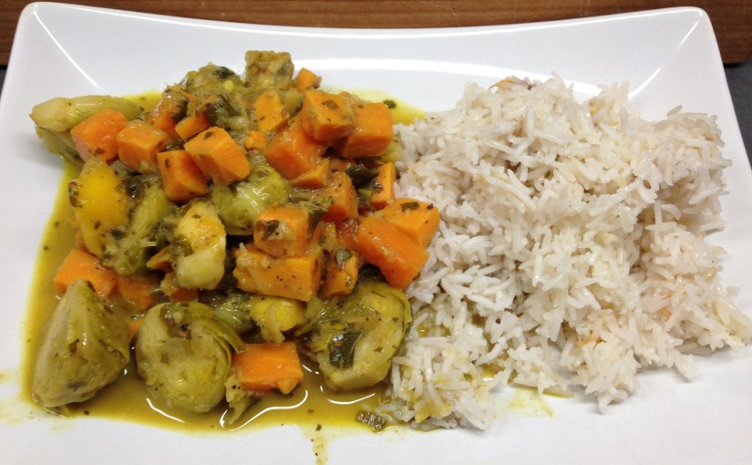 Süßkartoffel Rosenkohl Curry mit Mango und Bananen