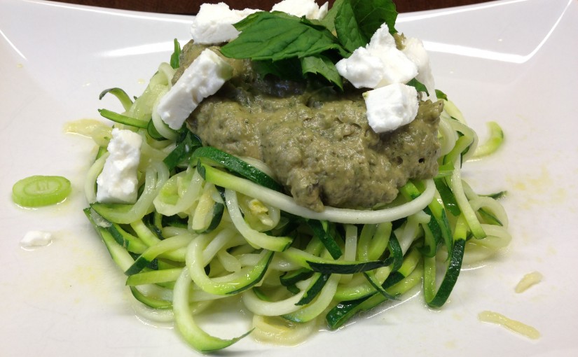 Zucchini Spaghetti mit Mandel Avocado Minzpesto