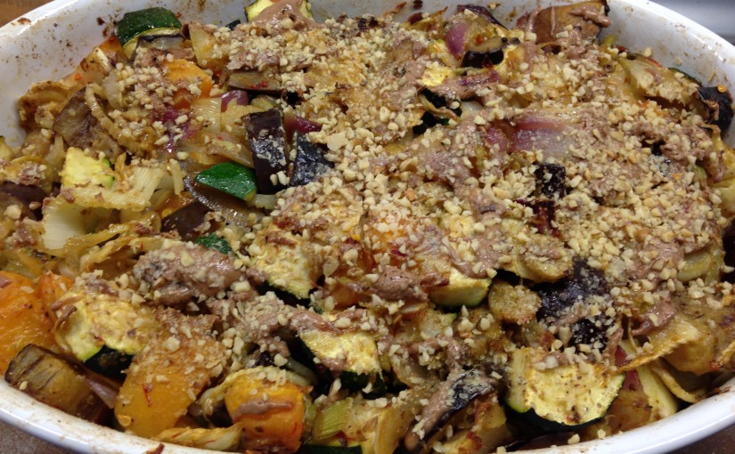 Fenchel Auberginen Zucchini Gratin mit Aprikosen und Mandelkruste