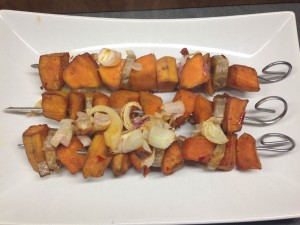 Süßkartoffe Bananen Spieße mit Saté