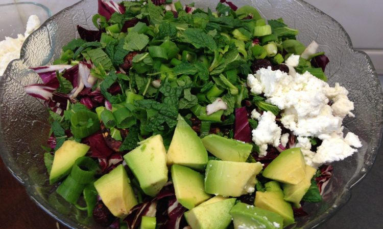Postelein Salat mit Radicchio, Avocado, gerösteten Pecankernen, Cranberries, Granatapfelkernen, Frühlingszwiebeln und etwas Ziegenfeta.
