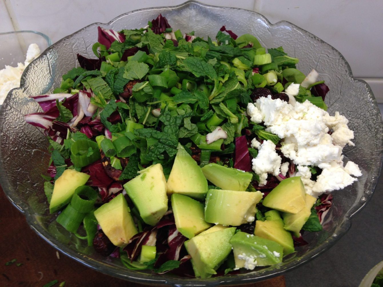 Postelein Salat mit Radicchio, Avocado, gerösteten Pecankernen, Cranberries, Granatapfelkernen, Frühlingszwiebeln und etwas Ziegenfeta.