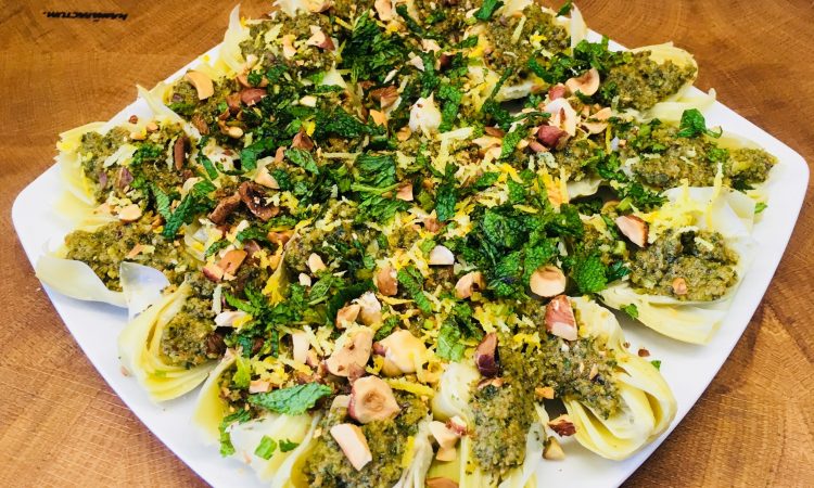 Artischocken mit Haselnuss Zitronen Minze Pesto
