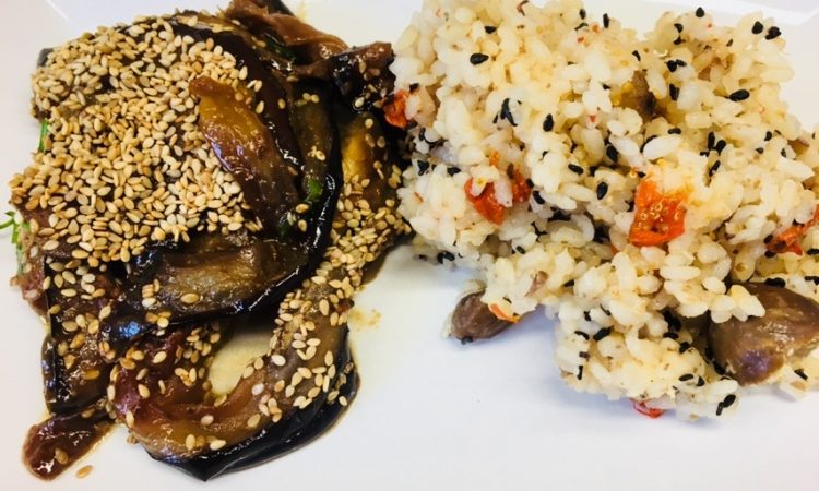 Geröstete Auberginen mit Miso Marinade und Maronen Reis (Kuri Gohan)