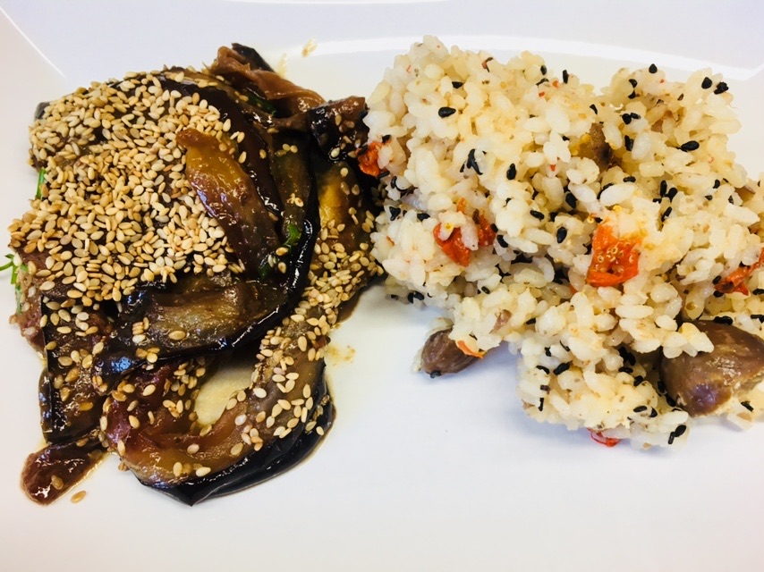 Geröstete Auberginen mit Miso Marinade und Maronen Reis (Kuri Gohan)
