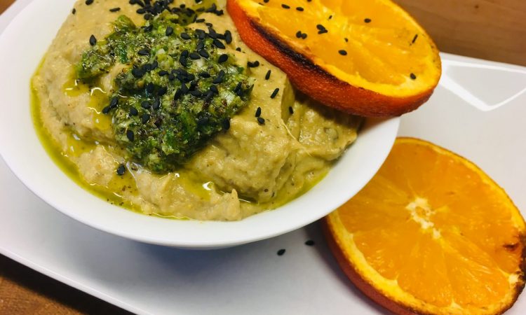 Japanischer Auberginen Miso Dip mit gerösteten Orangen und Ingwer