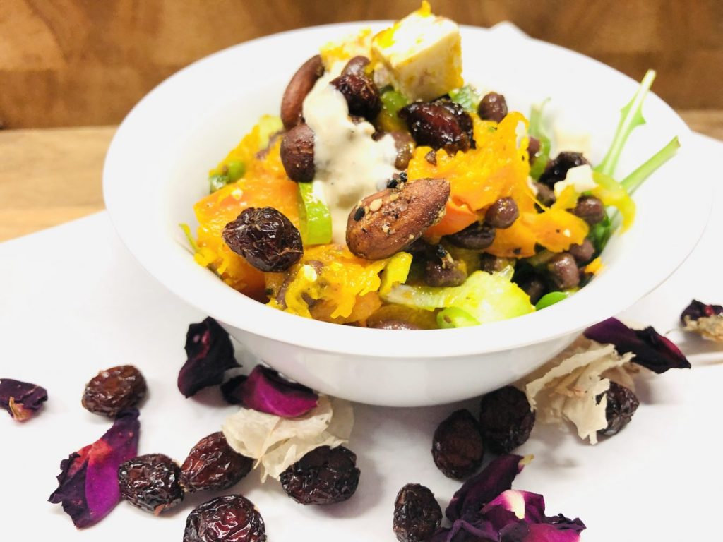 Kürbis Salat mit Adzuki Bohnen mit Cranberries