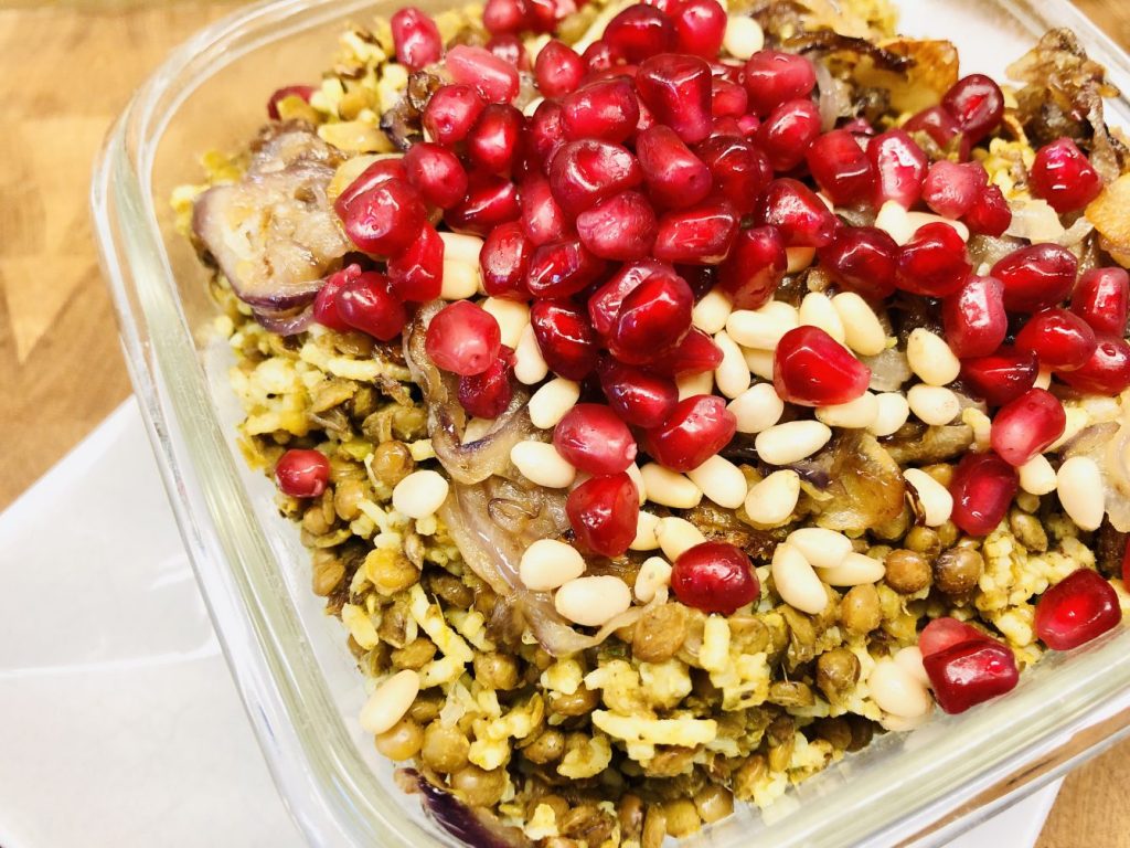 Mujadara Linsen Reis mit karamellisierten Zwiebeln