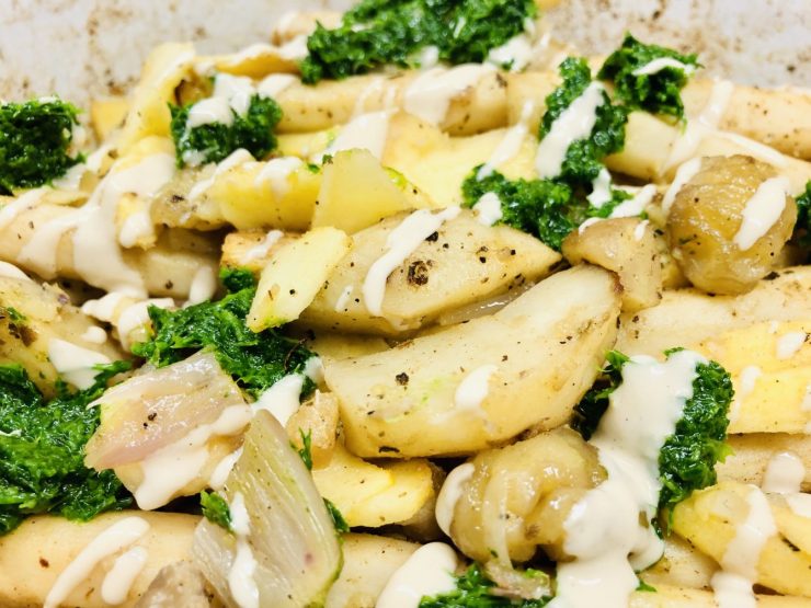 Geröstete Schwarzwurzeln mit Maronen und Zitronen Tahini Creme