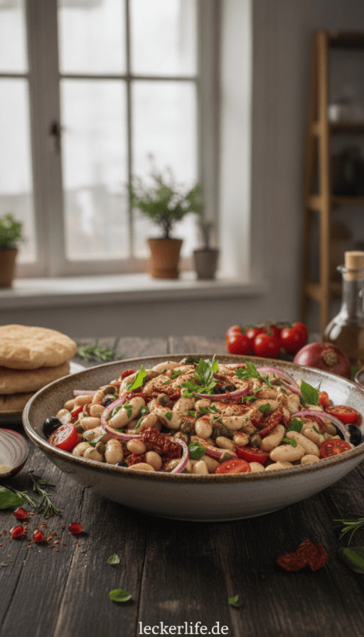 Mediterraner Weiße Bohnen Salat mit Tomaten und Zwiebeln und Tahini Dressing