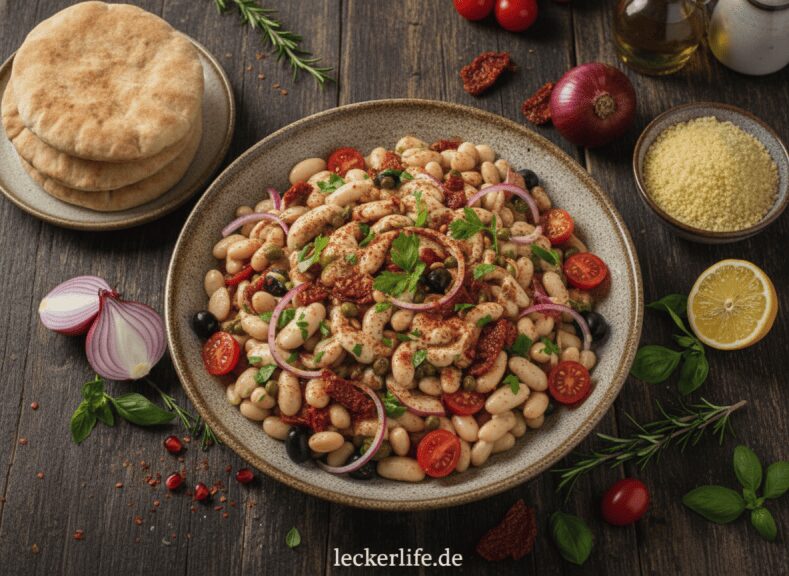 Mediterraner Weiße Bohnen Salat mit Tomaten und Zwiebeln und feinen Kräutern