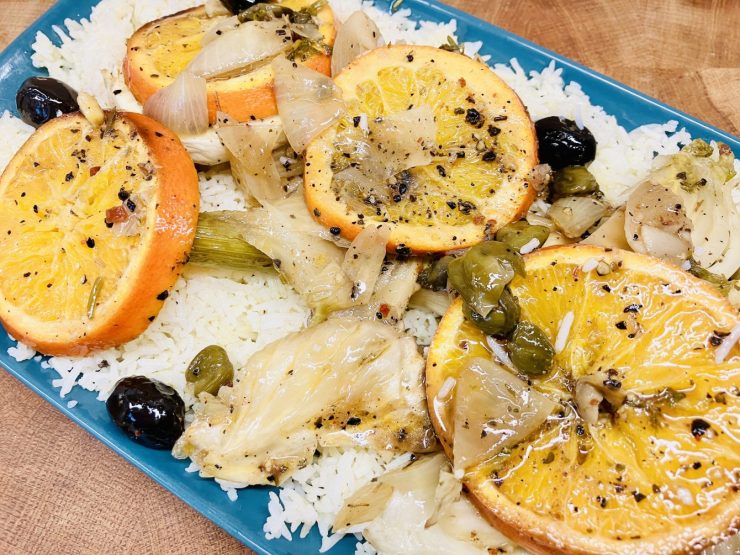 Gerösteter Fenchel mit Orangen, Minze Joghurt und Gewürzreis