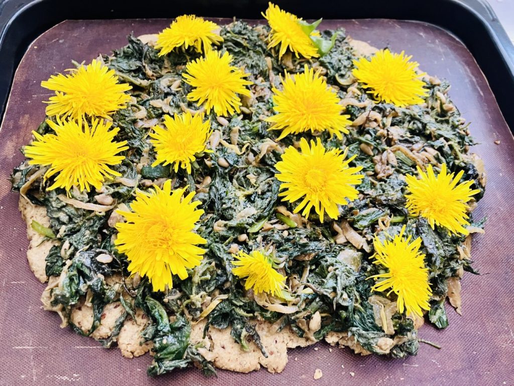 Brennnessel Bärlauch Tarte mit Löwenzahn Blüten