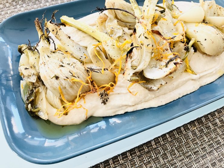 Karamellisierter Fenchel mit Riesenbohnen-Tahini-Miso-Dip