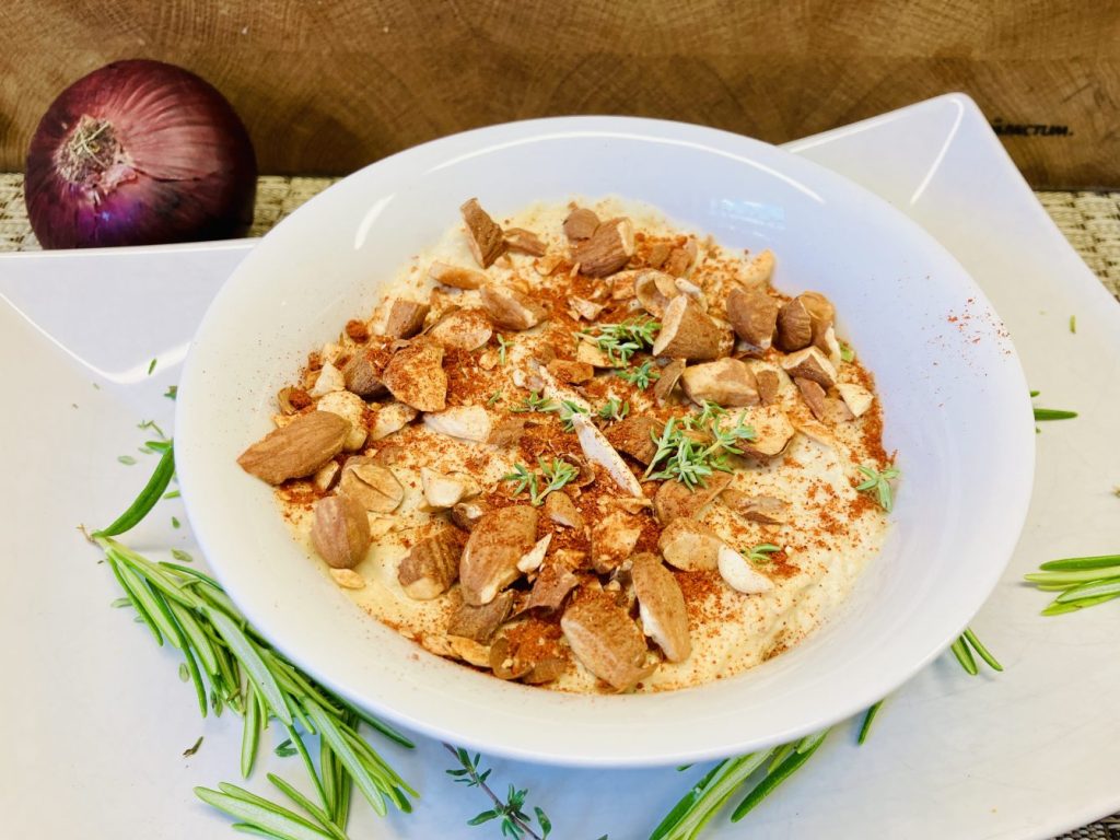 Roasted Garlic & Onion Hummus with Paprika Almonds & Thyme