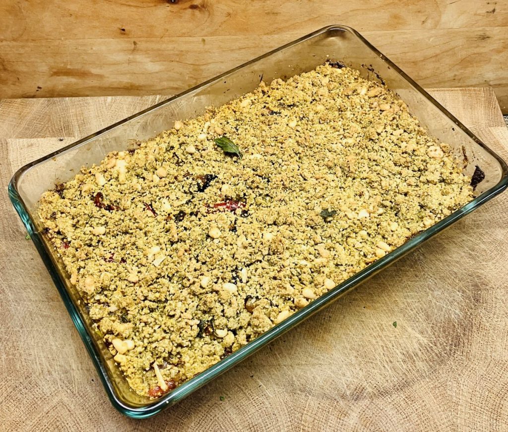 Mediterranean Savory Crumble with Eggplant, Peppers & Lentils