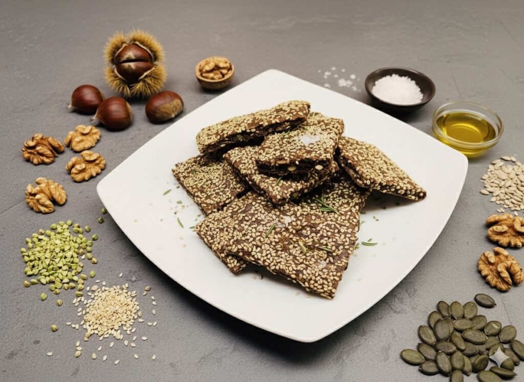 Buchweizen-Kastanien-Walnuss-Cracker Buckwheat Chestnut Walnut Crackers