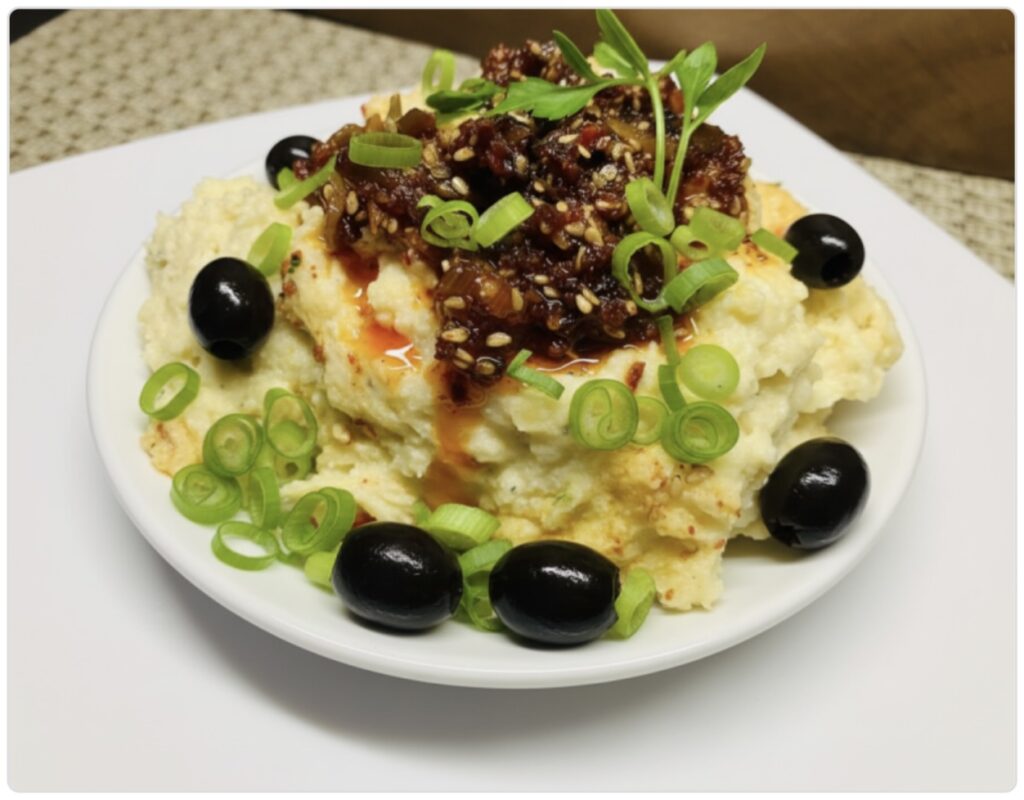 Skordalia - Griechischer Kartoffel Knoblauch Dip mit Chili-Öl