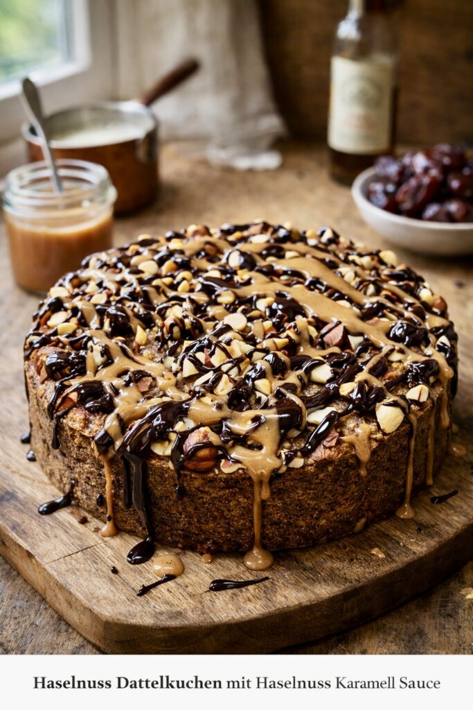 Haselnuss Dattelkuchen mit Haselnuss Karamell Sauce