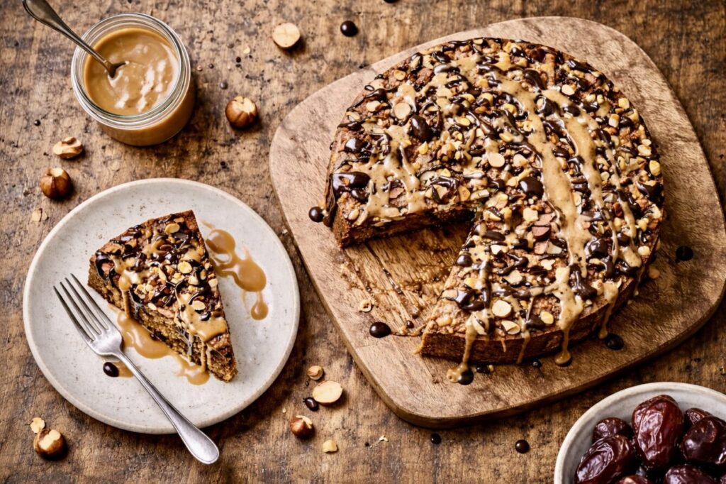 Haselnuss Dattelkuchen mit Haselnuss Karamell Sauce