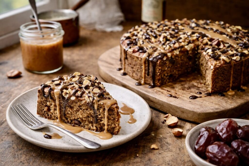 Haselnuss Dattelkuchen mit Haselnuss Karamell Sauce