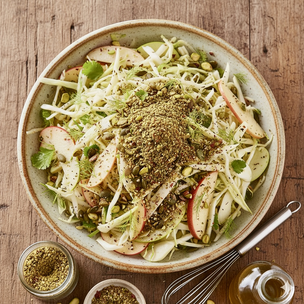Weißkohl-Fenchel-Apfel-Salat mit Za’atar und Pistazien-Dukkah