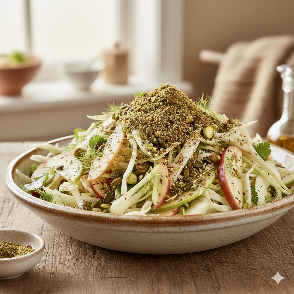 Weißkohl-Fenchel-Apfel-Salat mit Za’atar und Pistazien-Dukkah