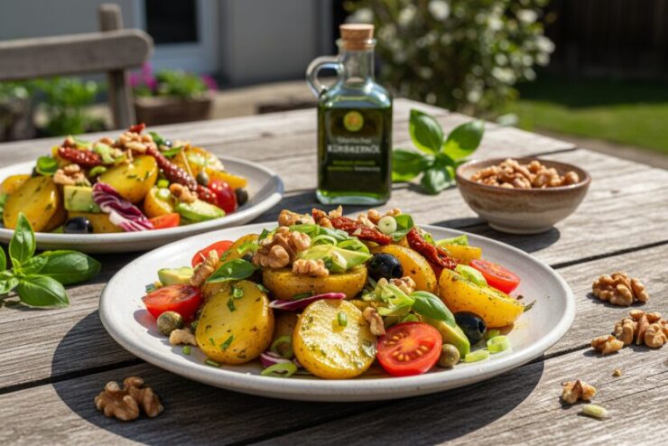Warmer Kartoffelsalat mit mediterranem Gemüse, Avocado & Kürbiskernöl-Dressing