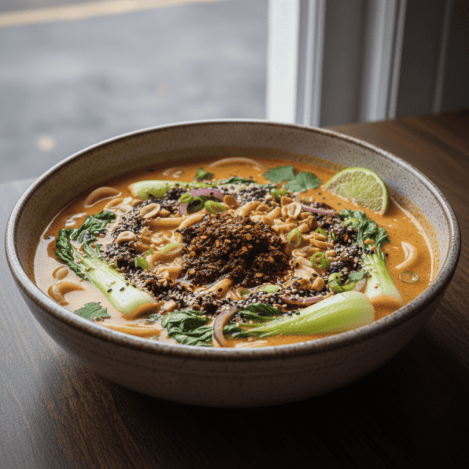 Cremiges Kokos-Ramen mit Erdnussbutter und Pak Choi