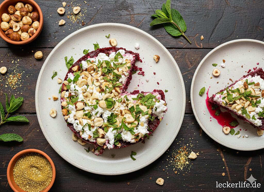 Rote-Bete-Tartar mit Za’atar und Haselnuss-Minze-Feta-Topping