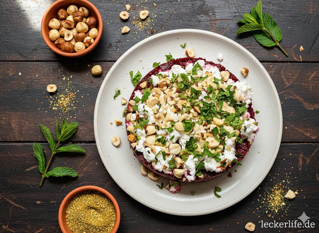 Rote-Bete-Tartar mit Za’atar und Haselnuss-Minze-Feta-Topping