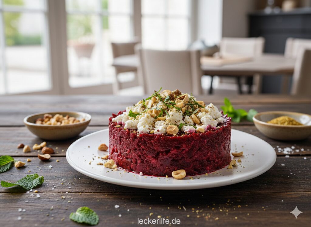 Rote-Bete-Tartar mit Za’atar und Haselnuss-Minze-Feta-Topping