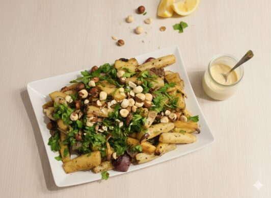 Geröstete Schwarzwurzel und Pastinaken mit Haselnüssen & Zitronen-Tahini-Sauce: Die Renaissance der Winterwurzel!
