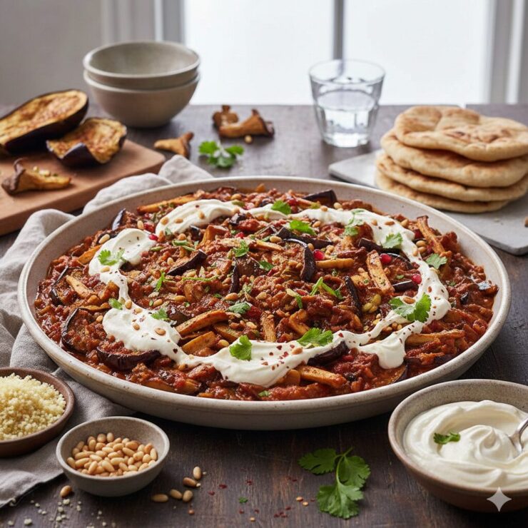 Auberginen & Austernpilze mit Tomaten und cremiger Tahini