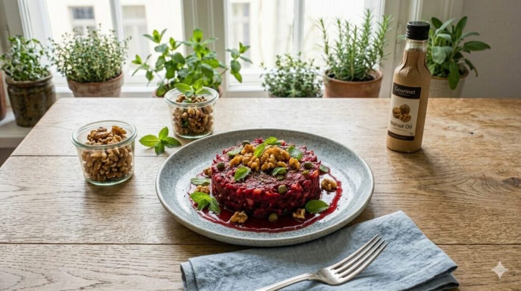 Rote Bete Tartar mit Apfel, Minze und karamellisierten Walnüssen