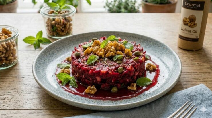 Rote Bete Tartar mit Apfel, Minze und karamellisierten Walnüssen