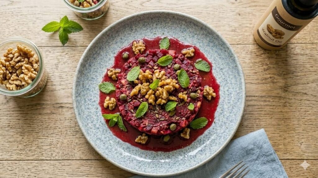 Rote Bete Tartar mit Apfel, Minze und karamellisierten Walnüssen