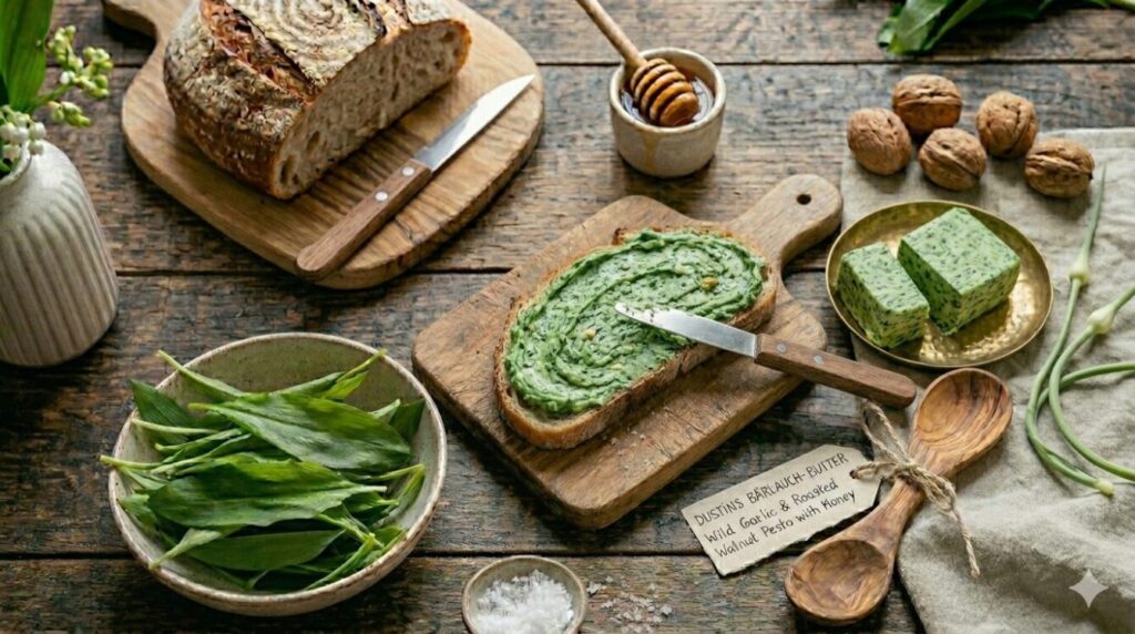 Bärlauch Butter mit Honig und gerösteten Walnüssen