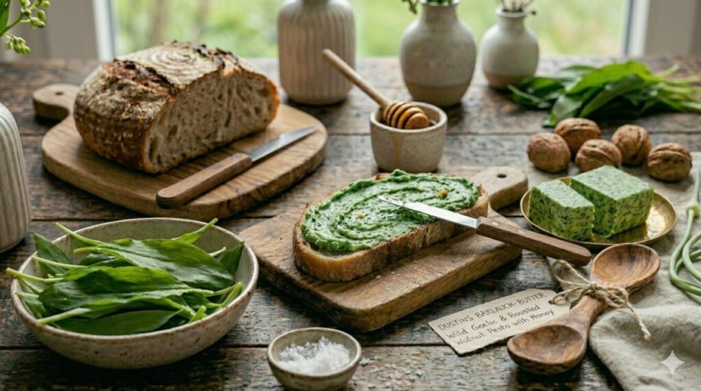 Bärlauch Butter mit Honig und gerösteten Walnüssen