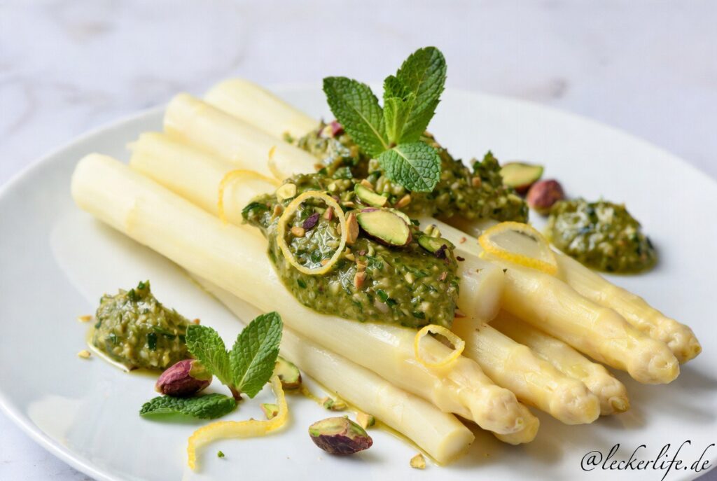 Spargel mit Pistazien-Bärlauch-Minze-Pesto