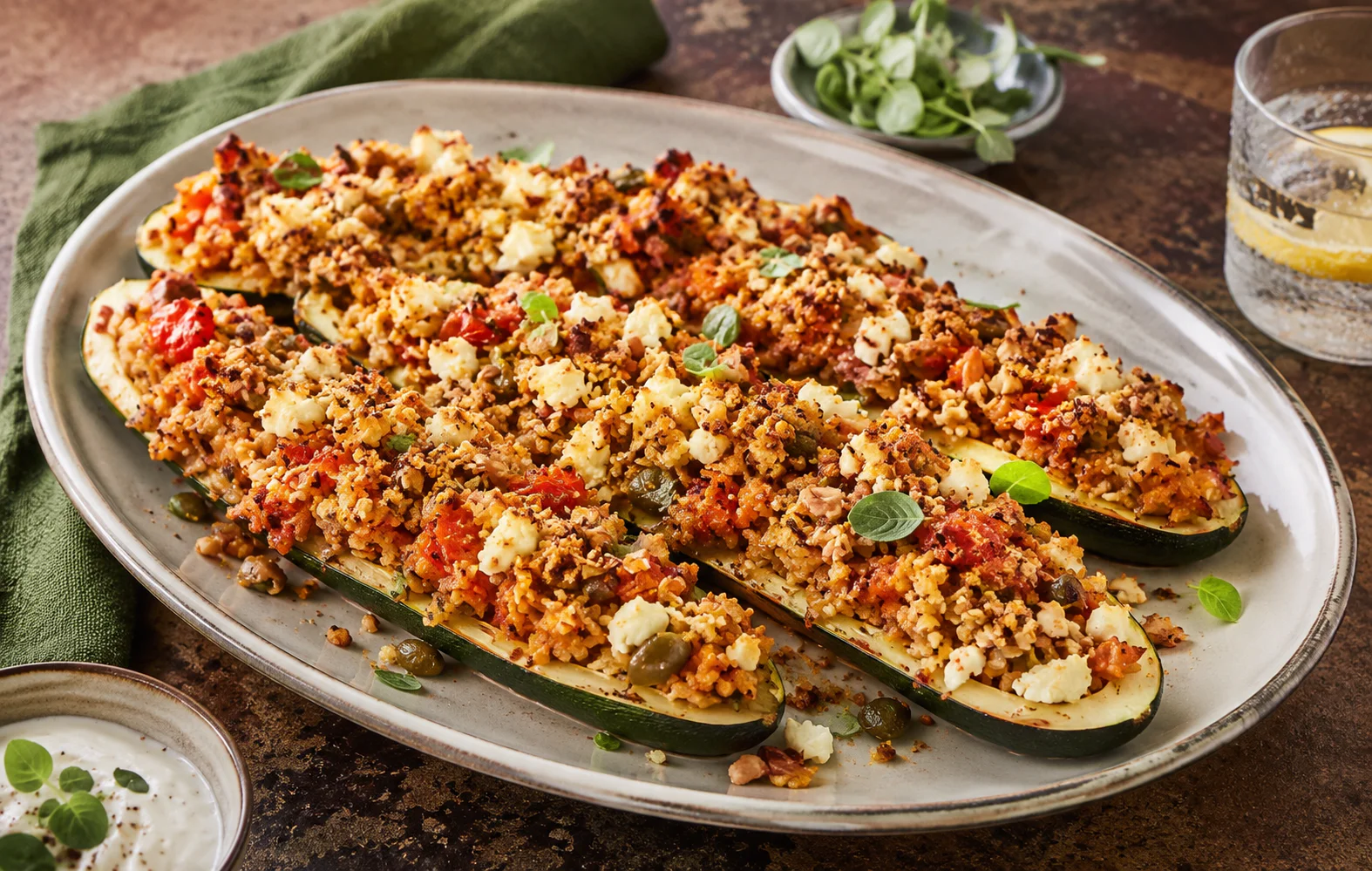 Mediterrane Ofen-Zucchini mit würzigem Tomatenreis, Feta, Oliven & knusprigem Zitronen-Crunch
