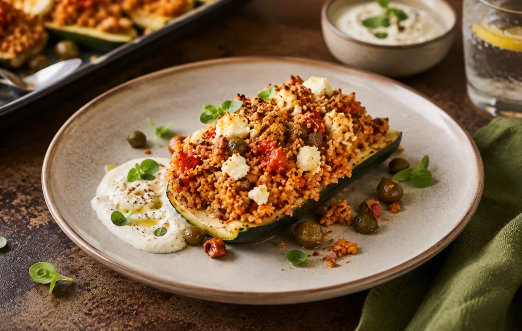 Mediterrane Ofen-Zucchini mit würzigem Tomatenreis, Feta, Oliven & knusprigem Zitronen-Crunch